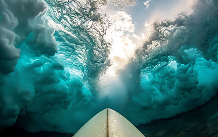 Surfboard in the ocean with blue waves and white clouds.の素材