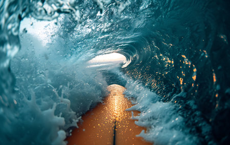 Surfboarder surfing ocean wave at sunset. Sport and recreation conceptの素材