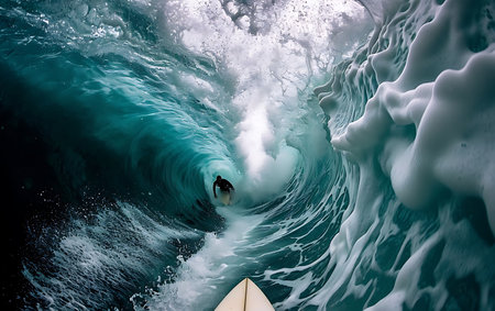 Surfer in big ocean wave, extreme sport and active life conceptの素材