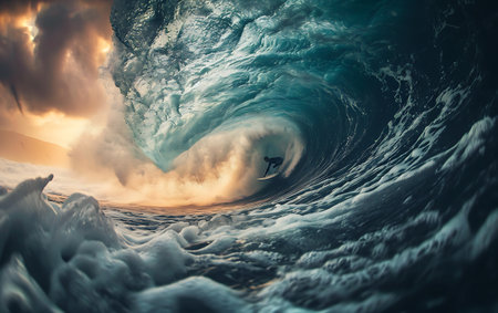 Surfing ocean wave in Iceland. 3d rendering toned imageの素材