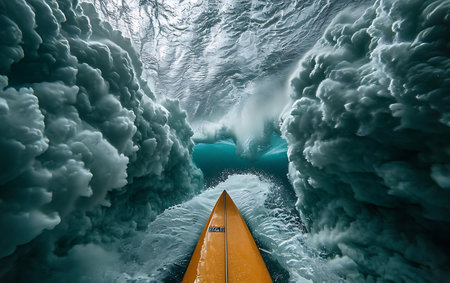 Underwater view of a man paddling a kayak in the oceanの素材