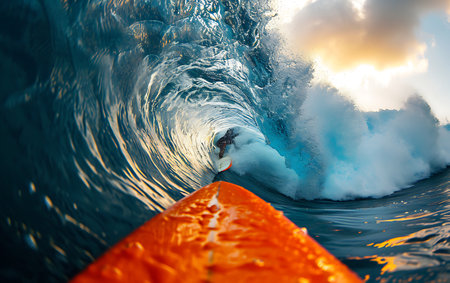 Surfing in ocean wave. Breaking wave with orange surfboard.の素材
