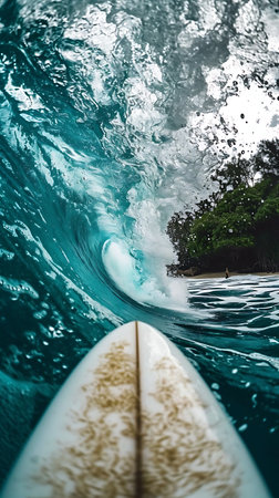 Surfing on blue ocean wave. Close up view of surfboard.の素材