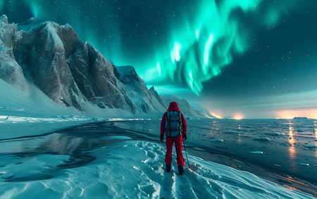 Winter landscape with aurora borealis. Man in red jacket with backpack on the ice.の素材