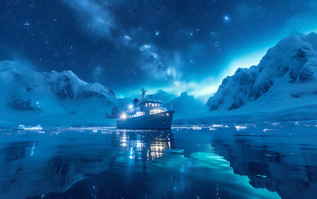 Fantastic starry night in Antarctica with ship and icebergsの素材