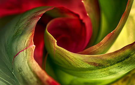 Macro closeup of a red and green flower petal.の素材