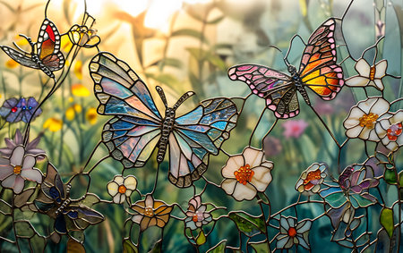 Colorful stained glass window with butterfly and flower on nature background.の素材