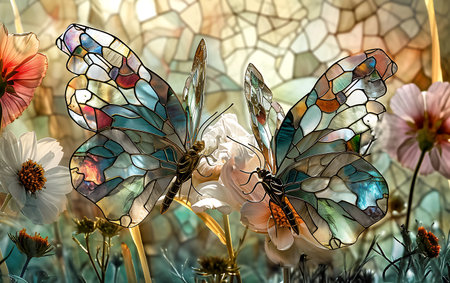 Butterflies in stained glass window. 3D illustration. Computer generated image.の素材