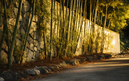 Bamboo forest in the park at sunset. Shallow depth of field.の素材