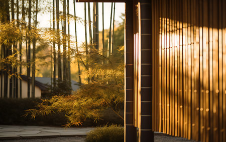 Bamboo fence in the Japanese garden with sunlight in the morning.の素材
