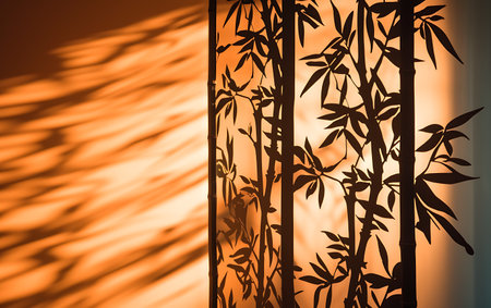 Bamboo silhouette on orange background with shadow. 3D illustration.の素材