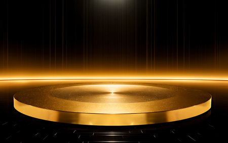 Golden podium on dark background with spotlights. 3D rendering.の素材