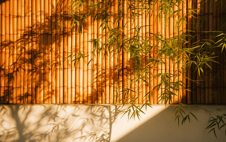 Bamboo wall with sunlight and shadow on it. Natural background.の素材