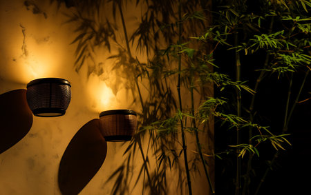 Coffee shop at night with bamboo on the wall background.の素材