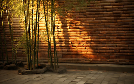 Bamboo forest and brick wall at night, closeup of photoの素材