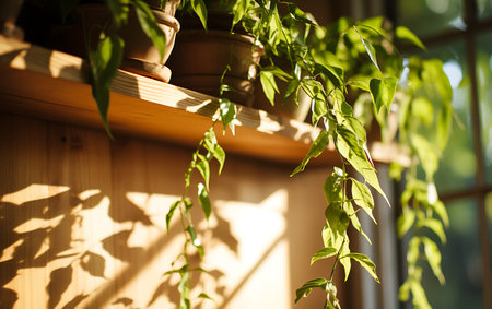 Close up of green plants in pots hanging on the wall in the roomの素材