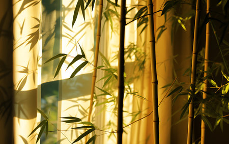 Bamboo in the morning light. Beautiful background with bamboo leaves.の素材