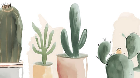 Cactuses in pots. Watercolor illustration. Vector illustration.の素材