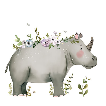 Cute cartoon rhinoceros with flowers on a white backgroundの素材