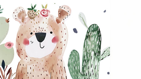 Cute hand drawn watercolor bear with cactus and flowers.の素材