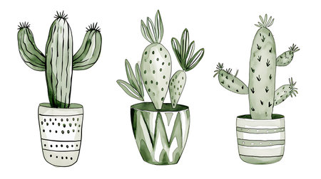 Cactuses in pots. Set of hand drawn vector illustrations.の素材