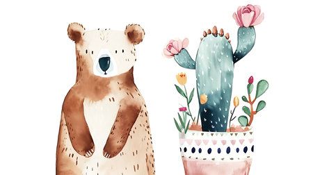 Cute cartoon bear and cactus with flowers in pot. Watercolor illustrationの素材