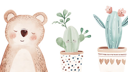 Cute hand drawn vector illustration of a cute bear, cactus and succulents in pots.の素材