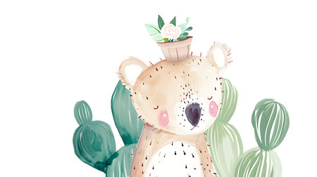Cute cartoon koala with cactus. Hand drawn vector illustration.の素材