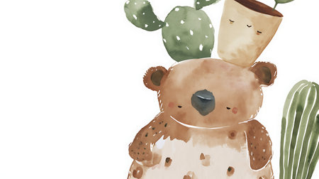 Cute watercolor teddy bear with cactus on white backgroundの素材
