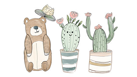 Cute bear and cactus in pots. Hand drawn illustration.の素材