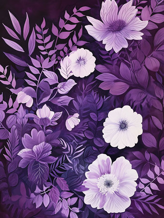 Abstract floral background with pink and purple flowers and leaves. Hand drawn vector illustration.の素材