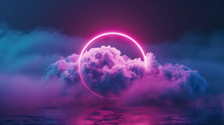 3d render, abstract background with neon circle and clouds in the skyの素材
