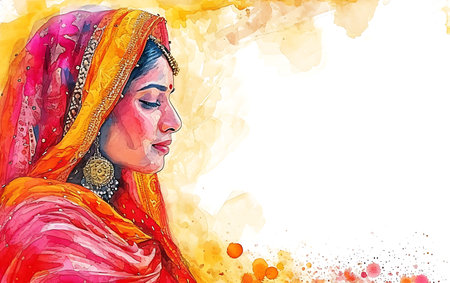 Beautiful indian woman in sari. Watercolor painting.の素材