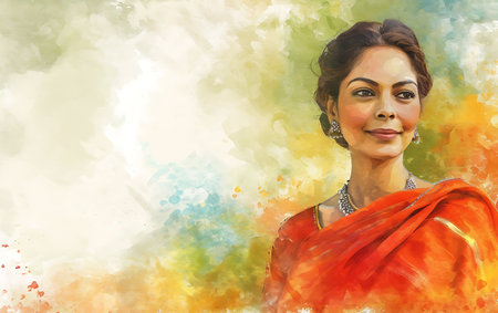 Beautiful indian woman in sari against colorful watercolor backgroundの素材