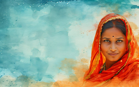 Portrait of a beautiful indian woman in sari against blue watercolor backgroundの素材