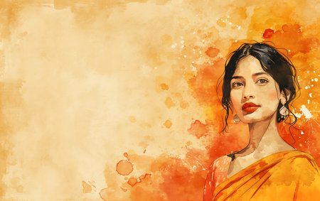 Beautiful young woman in orange dress with abstract watercolor background.の素材