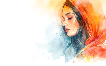 Double exposure portrait of a beautiful young woman with long hair. Digital watercolor painting.の素材