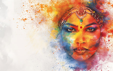 Indian woman face with multicolored paint splashes on white backgroundの素材