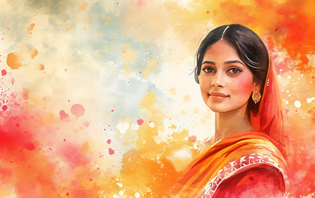 Beautiful indian woman in sari against colorful watercolor backgroundの素材