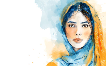 Portrait of a beautiful woman with blue hair. Watercolor background.の素材