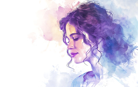 Digital watercolor portrait of a beautiful girl with curly hair in profile.の素材