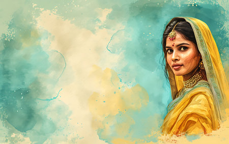 Beautiful indian woman in traditional sari on watercolor backgroundの素材