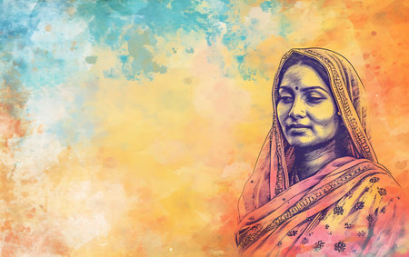 Portrait of a beautiful Indian woman on colorful watercolor background.の素材
