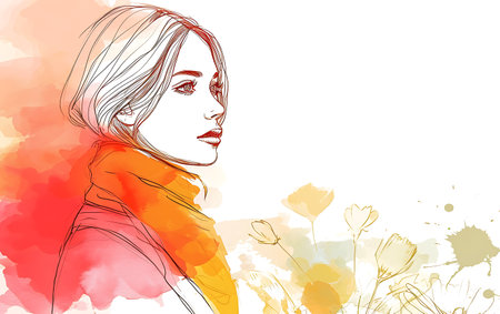 Portrait of a beautiful young woman with flowers. Vector illustration.の素材