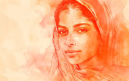 Beautiful indian woman face in watercolor illustration painting background.の素材