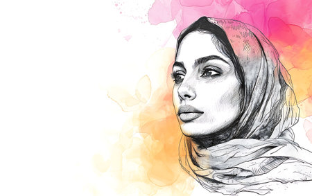 Portrait of a beautiful girl with a scarf. Fashion illustration.の素材