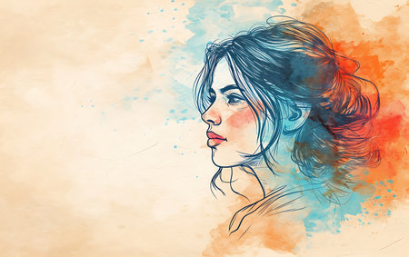 Sketch of a beautiful woman's face on colorful watercolor background.の素材