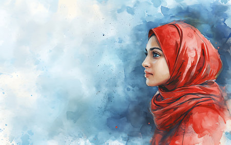 Portrait of a beautiful young muslim woman with red hijab.の素材