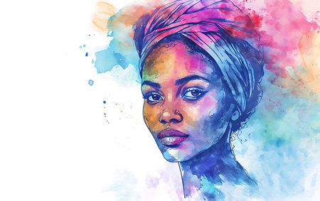 Beautiful african american woman with turban on her head. Watercolor painting.の素材