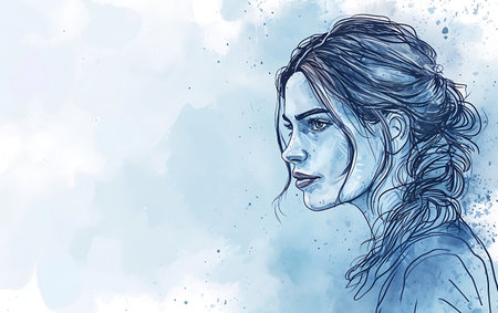 Portrait of a beautiful young woman with long hair. Hand drawn illustration.の素材